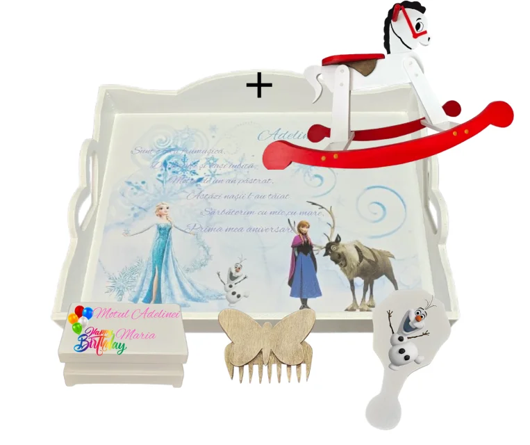 Set tăviță pentru tăierea moțului – Ana si Elsa + Calut de lemn