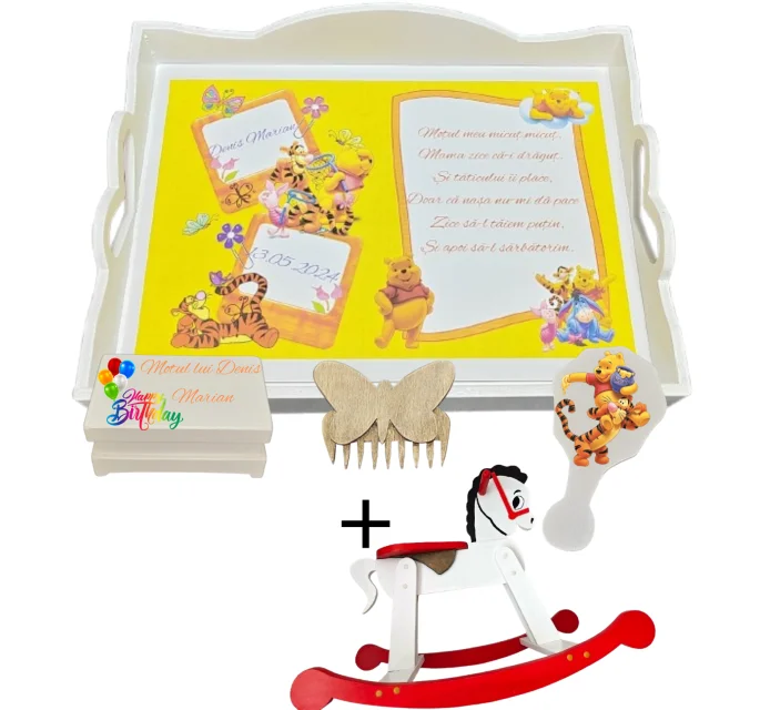 Set tăviță pentru tăierea moțului – Ursuleţul Winnie + Calut de lemn