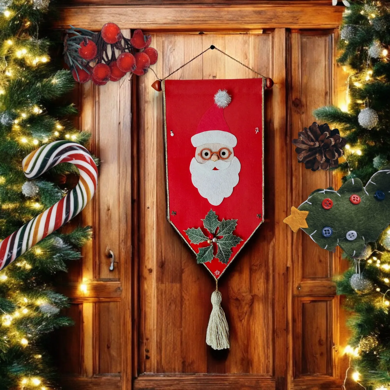 Decorațiune de Crăciun din fetru cu Moș Crăciun și frunze decorative