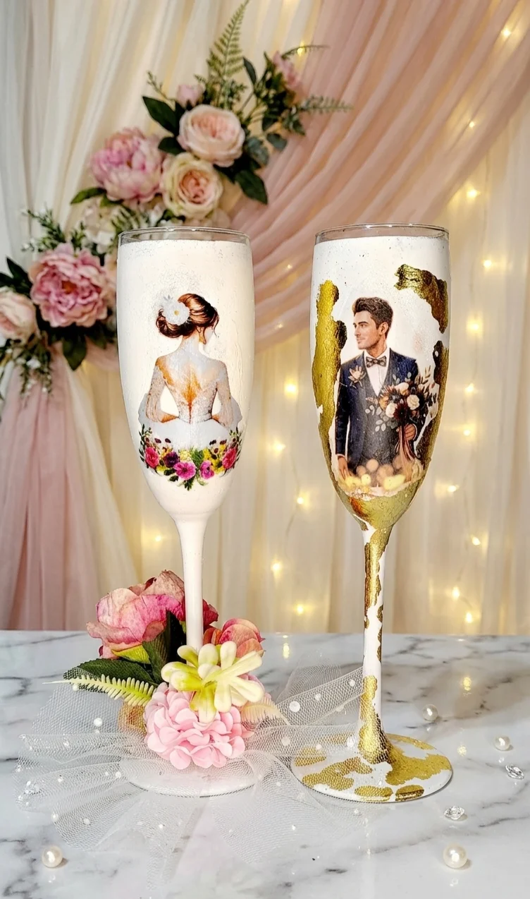 Pahare Miri Personalizate și Pictate Manual – Set Pahare Nuntă Premium Handmade