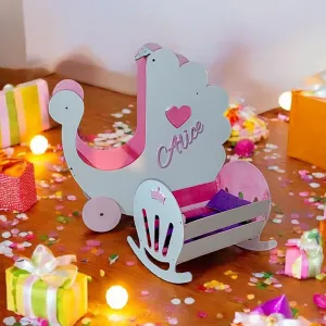 Cărucior cu leagăn din lemn, model vintage, pentru fetițe